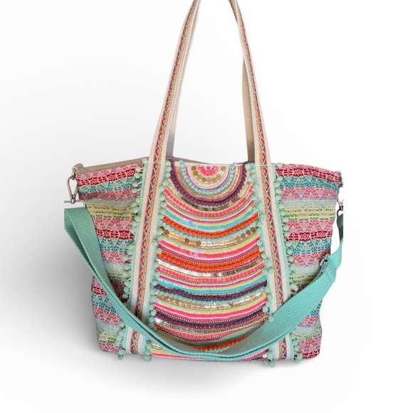 America & Beyond Boho Rainbow hand-beaded tote EUC - Picture 3 of 12